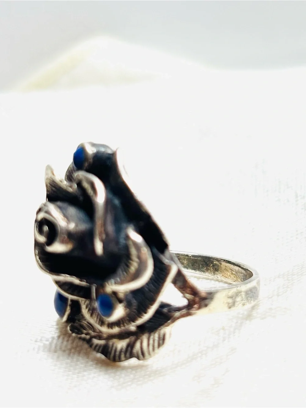 Vintage Sterling Silver Lapis Lazuli Rose Ring Size 5.5